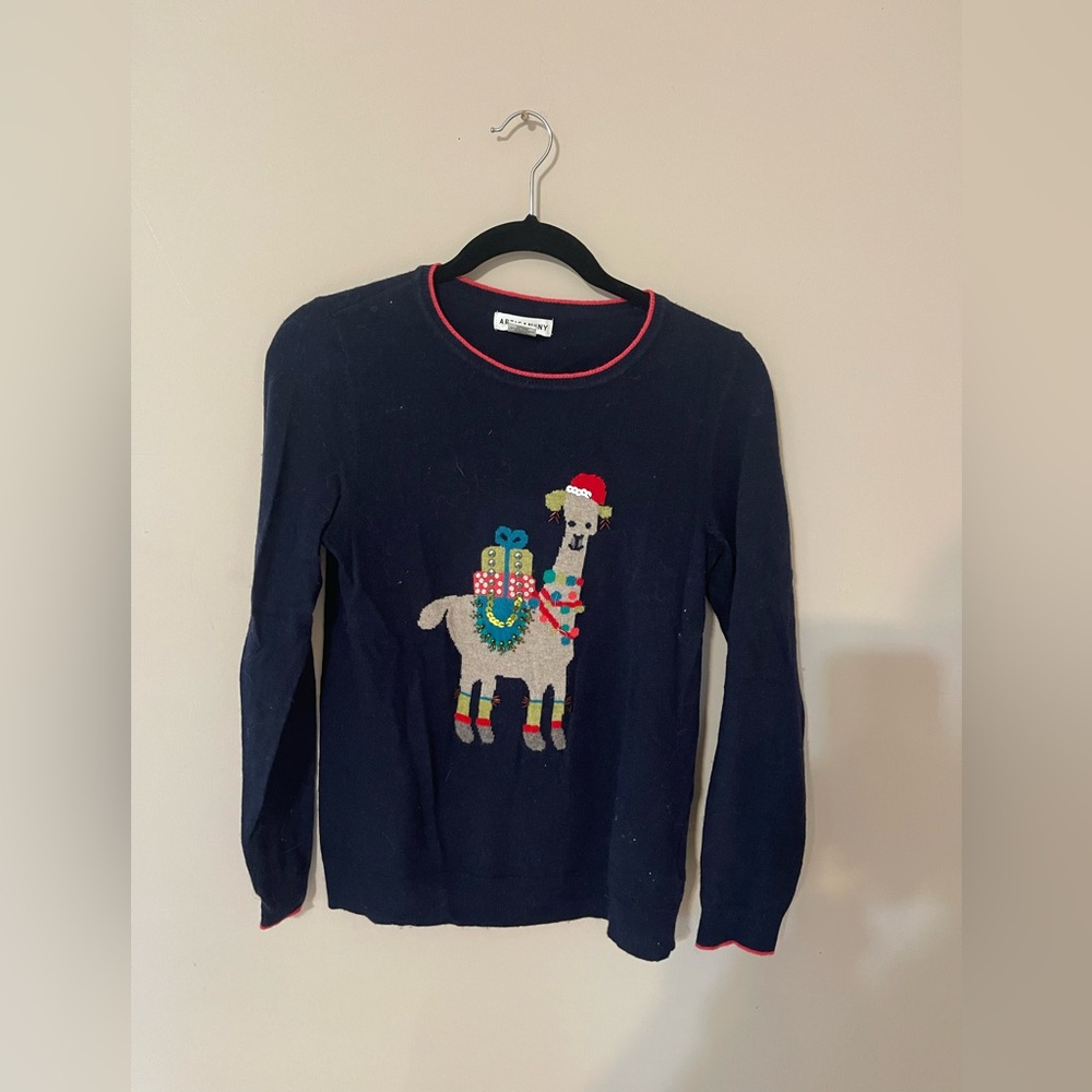 Artisan NY Holiday Llama Cashmere Blend Navy Sweater